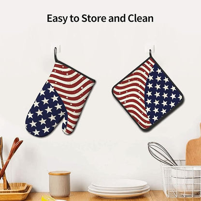 Patriotic Oven Mitts - American Flag Kitchen Mitts Pot Holders 4th of July Hot Mitts Independence Memorial Day Hot Pads Sets of 2 for Cooking Baking Grilling