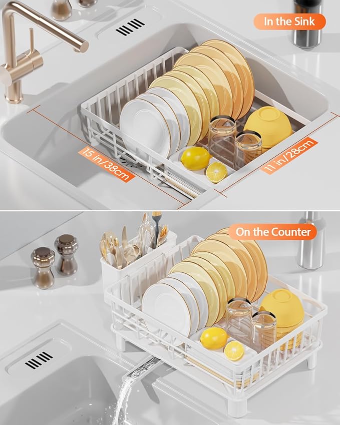 Dish Drying Rack for Kitchen Counter, Multifunctional Dish Rack with 360° Adjustable Spout, Kitchen Organizers and Storage with Cutlery Holder, White