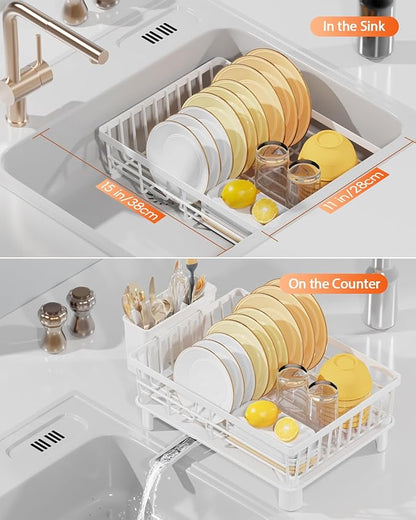 Dish Drying Rack for Kitchen Counter, Multifunctional Dish Rack with 360° Adjustable Spout, Kitchen Organizers and Storage with Cutlery Holder, White