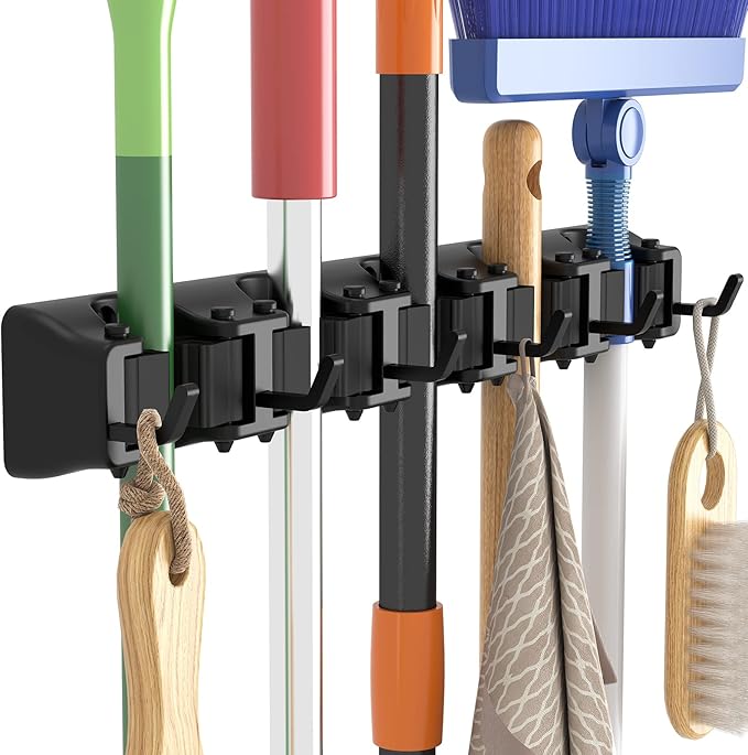 Lifewit Mop and Broom Holder Wall Mount, Anti-Slip Broom Hanger for Cleaning Supplies Organizer, Easy Install Tool Hanging Rack for Closet, Kitchen, Garage, 5 Slot 6 Hooks, Hold 30lbs, Black, 2 Pack
