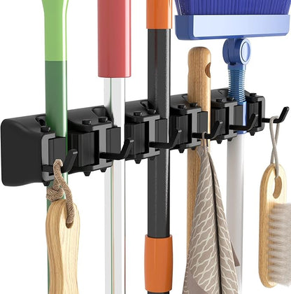 Lifewit Mop and Broom Holder Wall Mount, Anti-Slip Broom Hanger for Cleaning Supplies Organizer, Easy Install Tool Hanging Rack for Closet, Kitchen, Garage, 5 Slot 6 Hooks, Hold 30lbs, Black, 2 Pack