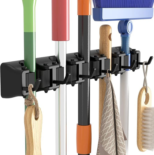 Lifewit Mop and Broom Holder Wall Mount, Anti-Slip Broom Hanger for Cleaning Supplies Organizer, Easy Install Tool Hanging Rack for Closet, Kitchen, Garage, 5 Slot 6 Hooks, Hold 30lbs, Black, 2 Pack