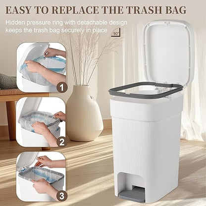 JiatuA Small Bathroom Trash Can with Lid Soft Close, 4 Gallon Step Garbage Can Slim Trash Bin Wastebasket for Kitchen Bedroom Office Living Room Toilet College Dorm, White