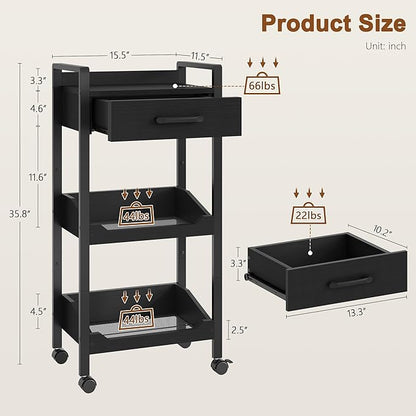 Hoctieon 3-Tier Rolling Storage Cart with Drawer, Rolling Utility Cart Organizer, Mobile Shelving Unit with Wheels, Metal Frame, Kitchen Utility Cart for Small Space, Office, Bathroom, Black