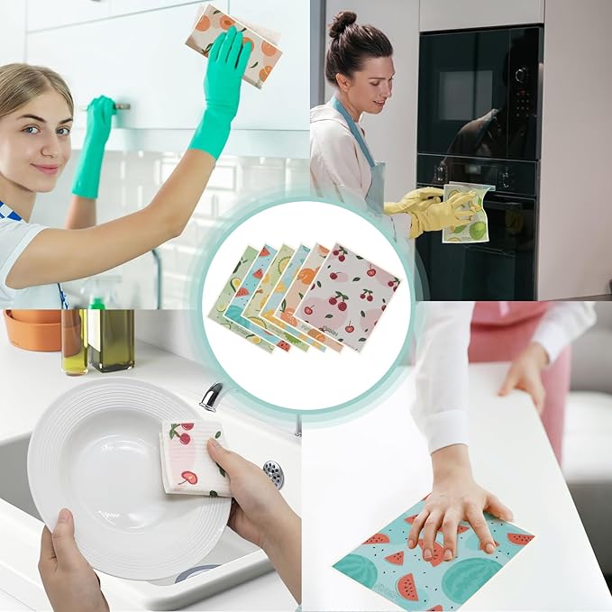 6 Pack Swedish Dishcloths for Kitchen |Watercolor Dish Towels | Reusable Paper Towels Washable | Non-Scratch Cellulose Sponge Cloths | No Odor, Biodegradable, Swedish Cloths, Fruits-1