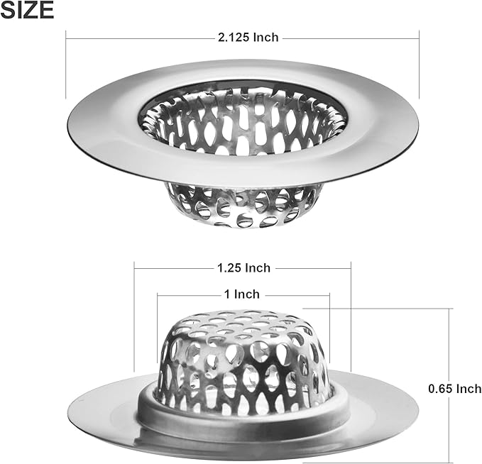 2 Pack - 2.125" Top / 1" Basket- Sink Strainer Bathroom, Utility, Slop, Laundry, RV and Lavatory Sink Drain Strainer Hair Catcher. 1/8" Holes. Stainless Steel