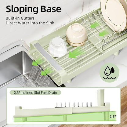 TOOLF Small Dish Drying Rack, Mini Expandable Compact Dish Rack, Slim Extendable Stainless Steel Dish Drainer for Kitchen Countertop, Space Saving Dish Strainer, Soft Celery Green
