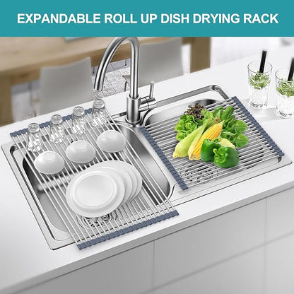 BBXTYLY Extra Large Expandable Roll Up Dish Drying Rack,Over The Sink Drying Rack Sink Cover Kitchen Sink Accessories Kitchen Rolling up Stainless Steel Drainer, Foldable,Rollable（Grey，25.1''-17.3''）