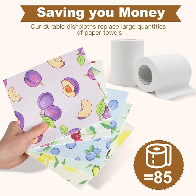 Ninsula Dish Cloths 5 Pack, Absorbent Cellulose Sponge Dishcloths for Kitchen, No Odor Biodegradable Reusable Kitchen Towels (Watercolor-Style Fruit Patterns)