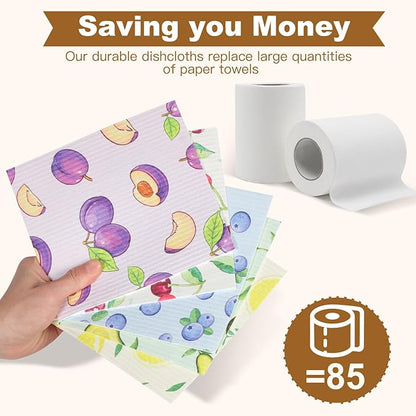 Ninsula Dish Cloths 5 Pack, Absorbent Cellulose Sponge Dishcloths for Kitchen, No Odor Biodegradable Reusable Kitchen Towels (Watercolor-Style Fruit Patterns)