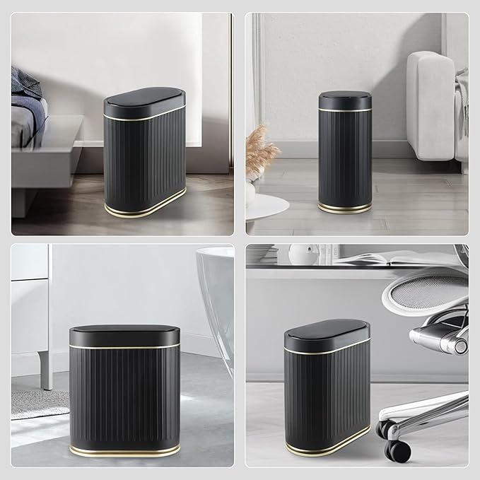 ELPHECO Bathroom Trash Can 2 Gallon Plastic Smart Garbage Can Waterproof Wastebasket Bathroom Decor Narrow Garbage Bin with Automatic lid for Bedroom, Kitchen, Office, Black Gold
