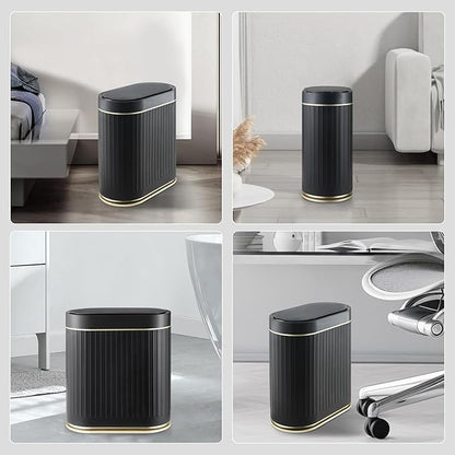 ELPHECO Bathroom Trash Can 2 Gallon Plastic Smart Garbage Can Waterproof Wastebasket Bathroom Decor Narrow Garbage Bin with Automatic lid for Bedroom, Kitchen, Office, Black Gold