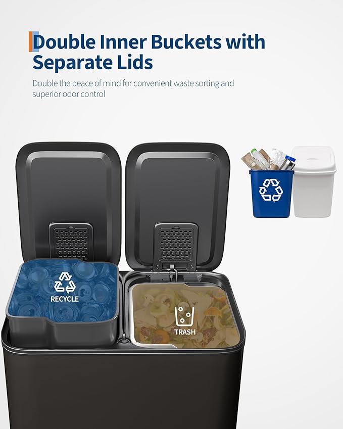 16 Gallon/60 L Dual Compartment Trash Can - 2 x 8 Gal (2 x 30 L) Stainless Steel Garbage Recycling Bin with Soft Close Lids, Removable Liner Buckets, Step on Kitchen Waste Container