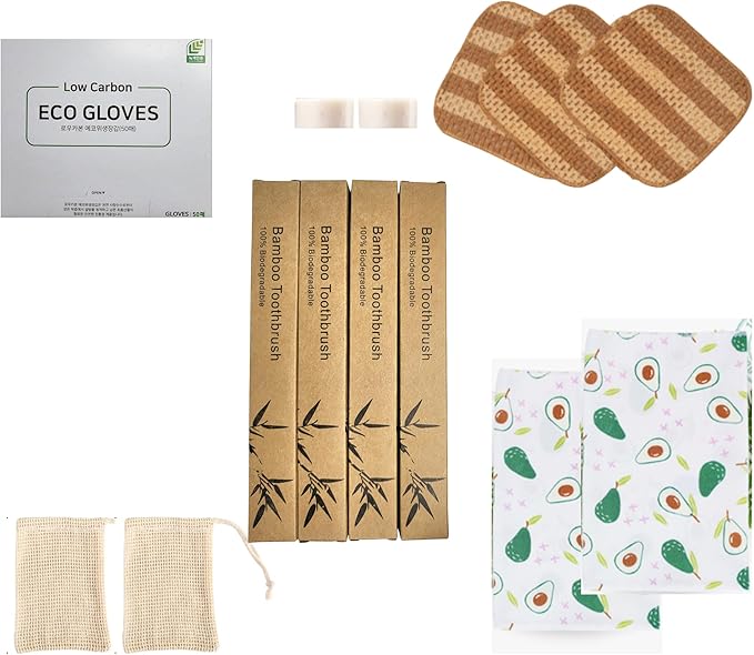 bomramtrove Zero Waste Home Starter Kit - Plant-Based Dish Soap Bar, Corn Scrubber, Bamboo Toothbrush, K-Beauty Mitt, Bio-PE Gloves - 13-Piece Eco Bundle, Plastic-Free Packaging, BPA Set