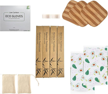 bomramtrove Zero Waste Home Starter Kit - Plant-Based Dish Soap Bar, Corn Scrubber, Bamboo Toothbrush, K-Beauty Mitt, Bio-PE Gloves - 13-Piece Eco Bundle, Plastic-Free Packaging, BPA Set