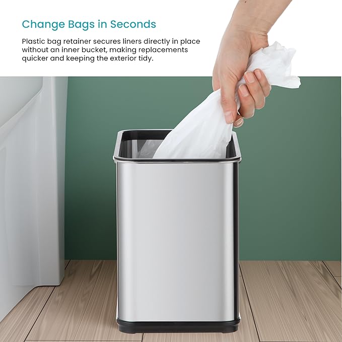 Home Zone Living 2 Gallon Small and Slim Motion Sensor Trash Can with Touch Control Lid, Stainless Steel, Silver