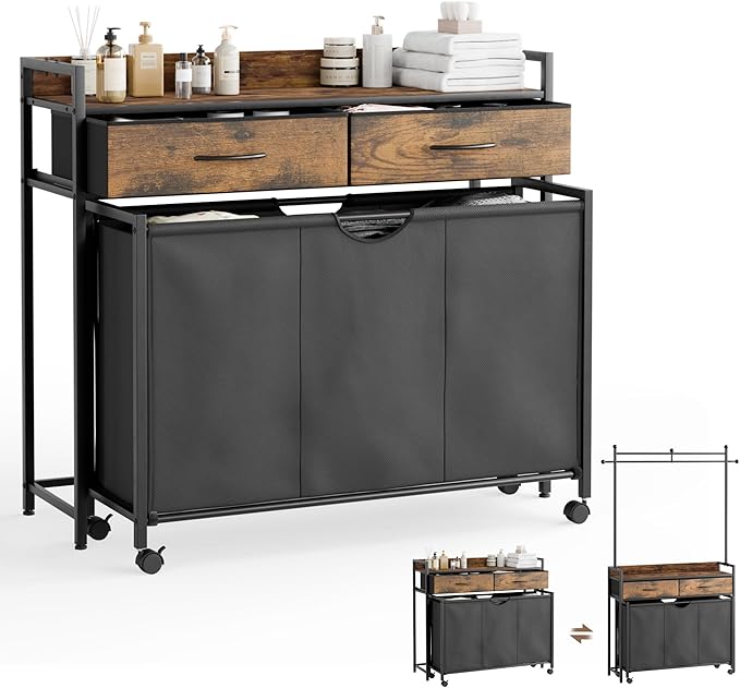 Mondeer Laundry Sorter with 2 Drawers and Hanging Rack, 150L Laundry Hamper with 3 Compartments Pull-Out Rolling Bag, Laundry Basket Organizer for Bathroom, Rustic Brown and Black