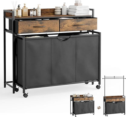 Mondeer Laundry Sorter with 2 Drawers and Hanging Rack, 150L Laundry Hamper with 3 Compartments Pull-Out Rolling Bag, Laundry Basket Organizer for Bathroom, Rustic Brown and Black