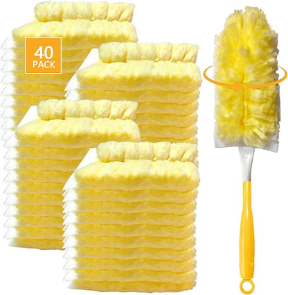 40 Pack Duster Refills Kit Disposable for Swiffer Duster Handle,360° Deep Cleaner Heavy Duty Replacement with 1 Handle,for Home, Blinds, Car, Pet, Furniture, Fans(Yellow)