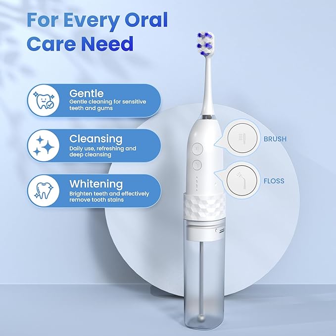 Electric Toothbrush with Water flosser, 2 in 1 Teeth Cleaning Kit, Toothbrush and Water flosser Combo, 25 - Day Battery, Travel Toothbrush with Water Bottle(White)