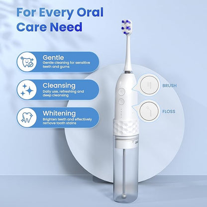 Electric Toothbrush with Water flosser, 2 in 1 Teeth Cleaning Kit, Toothbrush and Water flosser Combo, 25 - Day Battery, Travel Toothbrush with Water Bottle(White)