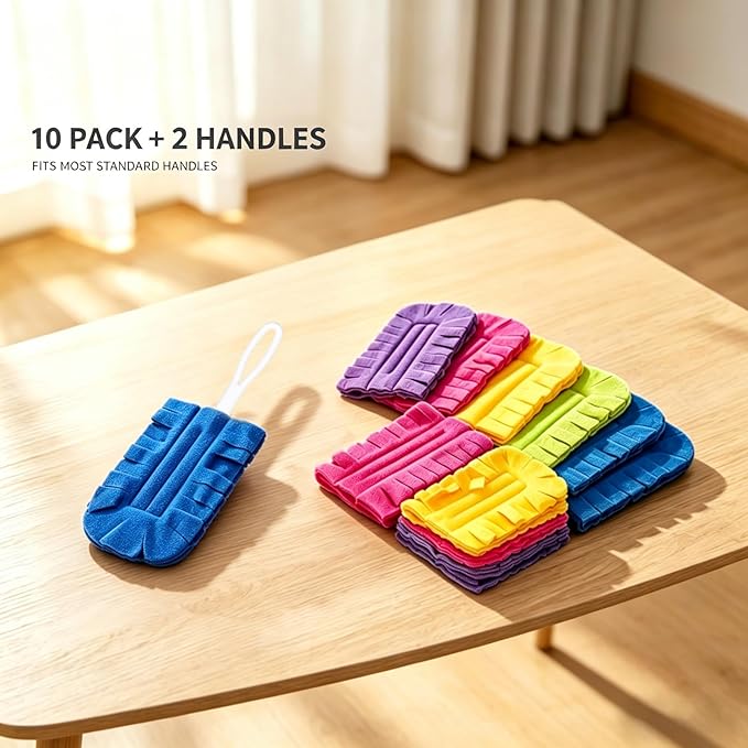 10 Pack Duster Refills Reusable Fleece Cleaning Pads with 2 Dusting Wand, Washable Multi Surface Refill Tools for Home, Blinds, Car, Pet, Furniture, Fans