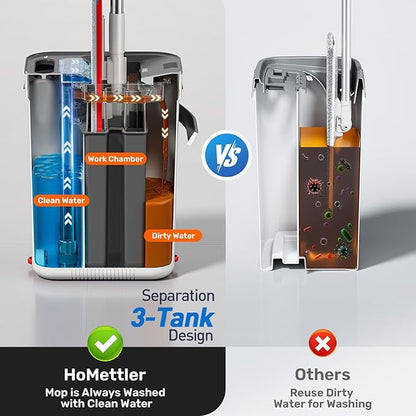 HoMettler Mop and Bucket Set, 3-Tank Flat Mop and Bucket System for Separate Dirty & Clean Water, 65" Mops for Floor Cleaning with 8 Washable Pads, Safe for Hardwood, Vinyl, Tile, Baseboards, Walls
