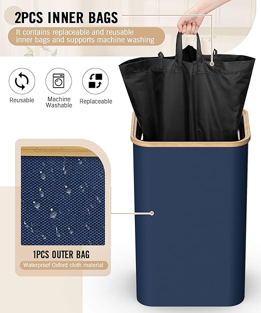Recycling Bins for Kitchen, 26 Gallon (100L) Recycle Bin with Bamboo lid, Indoor Oxford Fabric Recycling Trash Can with 2pcs Removeable and Reusable Inner Bags for Bottle Can Glass Plastice, Blue