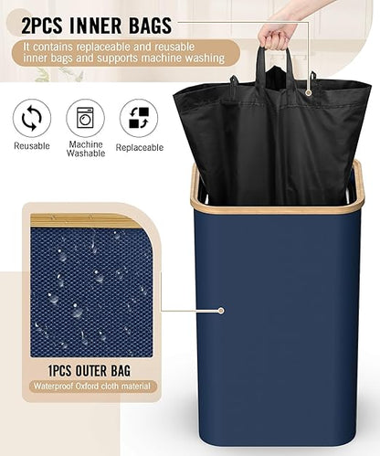 Recycling Bins for Kitchen, 26 Gallon (100L) Recycle Bin with Bamboo lid, Indoor Oxford Fabric Recycling Trash Can with 2pcs Removeable and Reusable Inner Bags for Bottle Can Glass Plastice, Blue