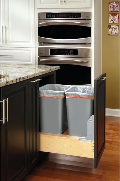 Rev-A-Shelf 50 Qt Bottom Mount Double Pullout Under Cabinet Trash Cans w/Soft-Close for Base Cabinets, Min Opening Width of 17.5", Metallic Silver, 4WCBM-2150DM-2