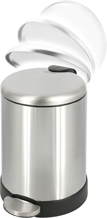 Glad Small Trash Can, 1.2 Gallon | Round Stainless Steel Garbage Bin with Soft Close Lid & Step Foot Pedal | Metal Waste Basket with Removable Inner Bucket, Stainless, 8 x 9.5 x 12 inches