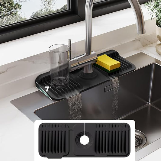 24 Inch Silicone Faucet Mat for Kitchen Sink Splash Guard - 7° Slope Water Draining Mat With Fasten Button for Bathroom Area (Black, 14.6''x5.5'')