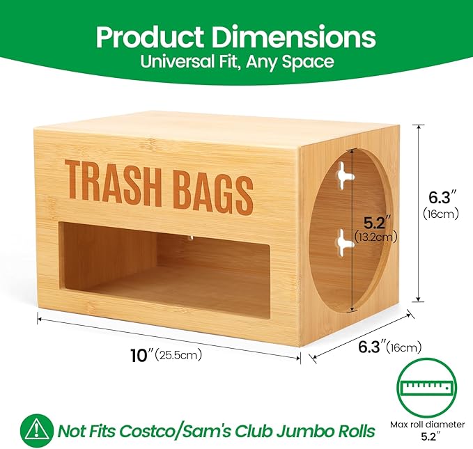 Libreshine Bamboo Garbage Bag Dispenser Roll Holder - Wall Mount Trash Bag Organizer for 13-33 Gallons, Under Sink Kitchen Grocery Bag Storage Container, Not Suitable for Large Roll