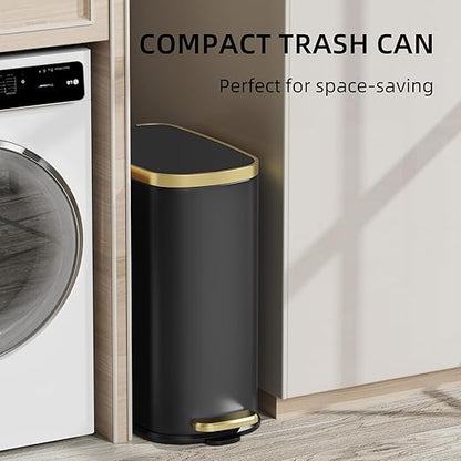 KUK Small Bathroom Trash Can with Lid Soft Close, Step Pedal, 2.6 Gal Stainless Steel Garbage Can with Removable Inner Bucket, Anti-Fingerprint Wastebasket for Office, Bedroom, Toilet (Black)