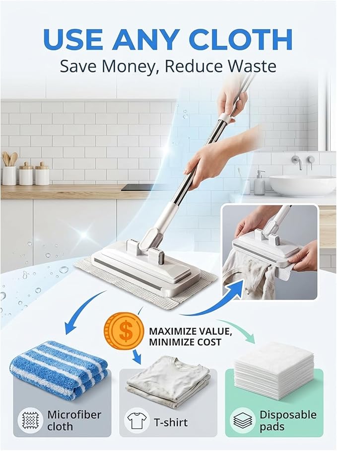Hands-Free Multi-Purpose Flat Mop – Lazy Cleaning & Face Towel Compatible 39in Long Handle Dust with Locking Head for Wall Bathroom Toilet Corners Multi-Surface