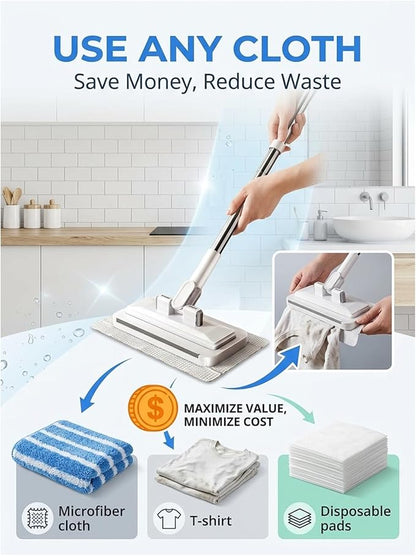 Hands-Free Multi-Purpose Flat Mop – Lazy Cleaning & Face Towel Compatible 39in Long Handle Dust with Locking Head for Wall Bathroom Toilet Corners Multi-Surface