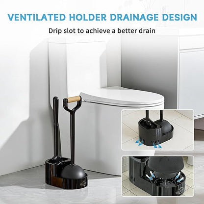 Sellemer Toilet Brush and Plunger Set, Curved Design Head for Deep Cleaning, Heavy Duty Toilet Bowl Brush and Plunger Combo with Holder for Bathroom Cleaning, Black, 1 Pack