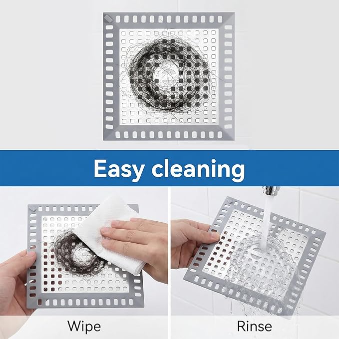 Stainless Steel Square Shower Drain Cover, Square Shower Drain Hair Catcher with Silicone for Bathroom Floor to Keep Away from Clogged Drains