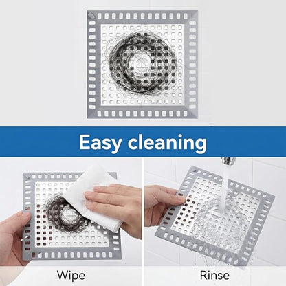 Stainless Steel Square Shower Drain Cover, Square Shower Drain Hair Catcher with Silicone for Bathroom Floor to Keep Away from Clogged Drains