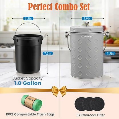 AOSION Countertop Compost Bin Kitchen,Odorless Indoor Compost Bin with Lid,Farmhouse Composter Container for Food Waste,Includes 2 Carbon Filters, Small Compost Bucket,Trash Bags (Modern, Grey)