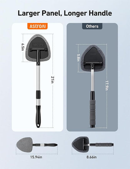 AstroAI 21" Windshield Cleaner Tool, Car Interior Detailing Cleaning Kit with Extendable Handle and 4 Upgraded High-Density Reusable Microfiber Pads, Auto Glass Wiper Brush Kit for Cars, Gray, 2 Pack