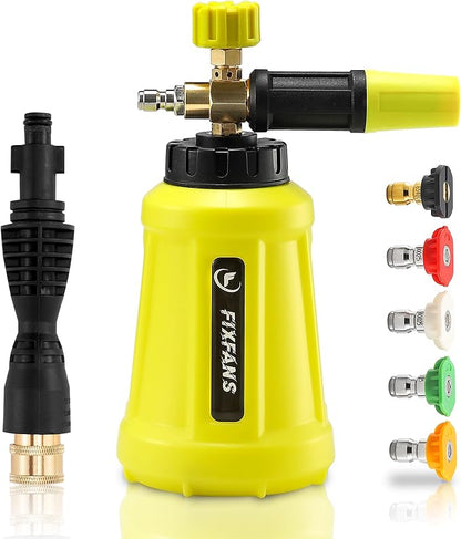 FIXFANS Foam Cannon, Wide Neck Snow Foam Lance with Replacement Adapter for Portland Husky and Ryobi Pressure Washer, Heavy Duty Power Washer Foam Blaster with 1/4 Inch Quick Connector, 5 Nozzles, 1L