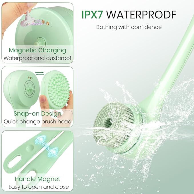 Electric Body Brush Back Scrubber for Shower, Auto Spinning Exfoliating Massage Bath Brush Rechargeable, Dual Long Handle, Deep Cleansing, Waterproof, Rotating Body Brushes with 5 Brush Heads