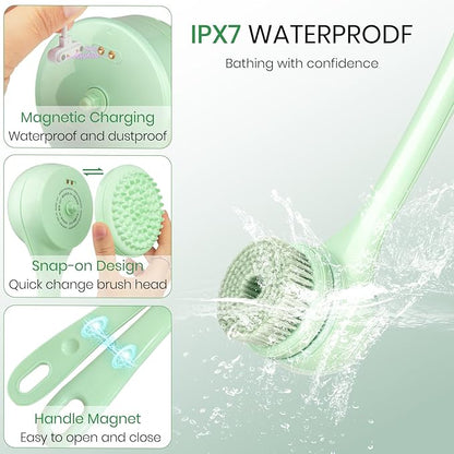 Electric Body Brush Back Scrubber for Shower, Auto Spinning Exfoliating Massage Bath Brush Rechargeable, Dual Long Handle, Deep Cleansing, Waterproof, Rotating Body Brushes with 5 Brush Heads