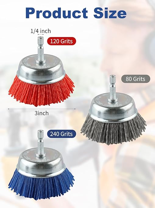 Rocaris 6 Pack Nylon Filament Abrasive Cup Brush Set with 1/4 Inch Hex Shank, for Removal of Rust/Corrosion/Paint - 80 Grit, 120 Grit, 240 Grit