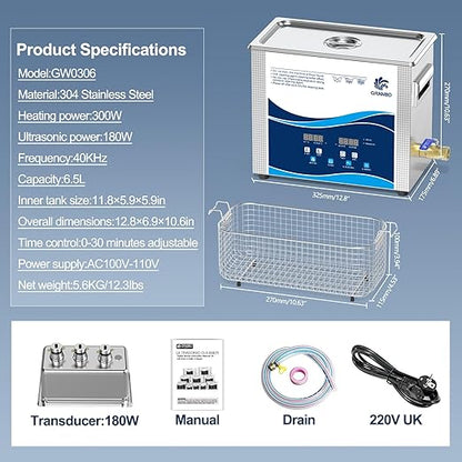 Granbo Ultrasonic Cleaner 6.5L 180W Jewelry Cleaning Ultrasonic Machine 40kHz with Heater Timer and Degassing, 110V Digital Ultrasonic Parts Cleaner for Jewelry Eyeglass Dental Parts Cleaning