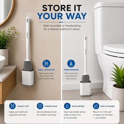 Silicone Toilet Brush and Holder Set with 3 Cleaning Tablets, Quick-Dry Base, Flexible Non-Scratch Bristles, Odor-Free Bathroom Toilet Bowl Cleaner Brush, Compact Space-Saving Design