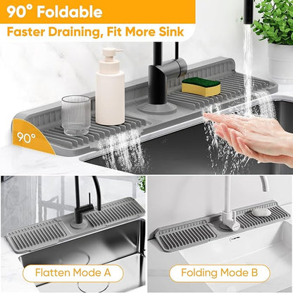 24'' Longer Faucet Mat for Kitchen Sink Splash Guard[7° Slope Fast Self-draining][Snap Lock Fit]Kitchen Sink Faucet Mat Splash Guard Kitchen Sink Area Water Splash Guard Behind Faucet Draining Mat