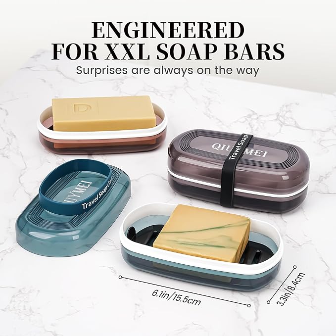 Shampoo Bar Holder Travel Case | Leakproof Soap Container with Lid & Drain Tray | Includes Silicone Strap and Soap Bag | Compatible with Kitsch Solid Shampoo and Conditioner Bars (White, Large)