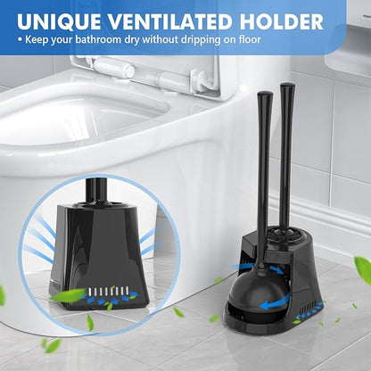 LOVLOY Toilet Plunger and Brush, Bowl Brush and Heavy Duty Toilet Plunger Set with Ventilated Holder, 2-in-1 Toilet Brush and Plunger Combo for Bathroom Cleaning (2, Black)